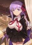  1girl bangs bb_(fate) black_coat black_skirt blush breasts classroom coat curtains fate/extra fate/extra_ccc fate_(series) gloves hair_ribbon haoni high-waist_skirt large_breasts leotard long_hair long_sleeves looking_at_viewer neck_ribbon open_clothes open_coat open_window petals popped_collar purple_eyes purple_hair red_ribbon ribbon skirt solo thighs very_long_hair white_gloves white_leotard wide_sleeves window 