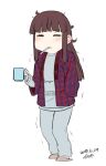  1girl blush brown_hair closed_eyes cup dated kagari_atsuko little_witch_academia long_hair messy_hair mug simple_background slippers solo tsukudani_(coke-buta) white_background 