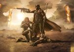  1boy 1girl absurdres aiming amber_heard aquaman_(series) armor armored_bodysuit armored_boots assault_rifle batman batman_(series) batman_v_superman:_dawn_of_justice ben_affleck boots bruce_wayne coat dc_comics desert fn_scar_16 full_armor green_armor gun highres holding holding_gun holding_weapon justice_league justice_league_(movie) long_hair mad_max mad_max:_fury_road mera_(dc) polearm post-apocalypse poster_redraw queen red_hair rifle scene_reference stab trench trident weapon 