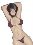  1girl absurdres aqua_streaks arm_behind_head armpits black_choker black_hair bra breasts chin_piercing choker commentary face_piercing highres hoshi_kirara jujutsu_kaisen labret_piercing light_smile lulalunee lying medium_hair mouth_piercing multicolored_hair navel navel_piercing nipple_piercing panties piercing purple_eyes red_bra red_panties see-through_bra see-through_clothes simple_background solo spiked_choker spikes star-shaped_pupils star_(symbol) stomach streaked_hair symbol-shaped_pupils teeth two-tone_hair underwear white_background 