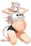  1girl ahoge animal_ear_piercing animal_ears arichuu_u arms_behind_head arms_up bare_arms bare_legs barefoot big_belly black_choker black_nails black_shorts breasts character_print choker clothes_writing commentary cutoffs english_commentary full_body grey_eyes grey_hair grey_tail grin hair_between_eyes head_tilt highres hololive kneeling large_breasts lion_ears lion_girl lion_tail long_hair long_sidelocks looking_at_viewer navel no_jacket official_alternate_costume official_alternate_hairstyle parallel_piercings partially_undressed pregnant sharp_toenails shirt shishiro_botan shishiro_botan_(midnight_convenience_store) short_sleeves shorts sidelocks simple_background smile solo stomach t-shirt tail toenails virtual_youtuber white_background white_shirt 