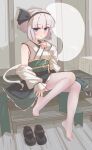  1girl alternate_costume black_hairband blue_eyes closed_mouth commentary_request detached_sleeves fengzhong_yuntuan full_body green_sash green_skirt grey_hair hairband highres hitodama japanese_clothes kimono konpaku_youmu konpaku_youmu_(ghost) looking_at_viewer no_shoes obi obijime sash shoes sitting skirt smile solo thighhighs touhou unworn_shoes white_kimono white_thighhighs 