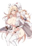  1girl belt black_panties blonde_hair blue_eyes breasts cleavage dp-28 dp28_(girls&#039;_frontline) fur_trim girls&#039;_frontline highres large_breasts one_eye_closed open_mouth panties partially_undressed rantia solo thighhighs thong torn_clothes underwear white_background white_legwear 