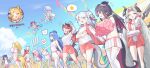 6+girls annette_(trickcal) black_hair blush breasts cheerleader clawed_wings commentary_request crop_top crystal_horns day daya_(trickcal) dragon_ears dragon_girl dragon_horns dragon_tail dragon_wings floating floating_object floating_sword floating_weapon goldy_(trickcal) grey_eyes grey_hair gym_shirt gym_uniform highres holding holding_pom_poms horns humanization jade_(trickcal) jubee_(trickcal) kidian_(trickcal) korean_commentary leets_(trickcal) long_hair midriff multicolored_hair multicolored_horns multiple_girls naia_(trickcal) navel neti_(trickcal) opal_(trickcal) open_mouth outdoors pira_(trickcal) pleated_skirt pointy_ears pom_pom_(cheerleading) red_eyes red_tail red_wings rudd_(trickcal) shirt short_hair short_sleeves shorts sibeoji silphir_(trickcal) sist_(trickcal) skirt smile sports_festival sword tail thick_tail trickcal two-tone_hair two-tone_horns two-tone_tail two-tone_wings very_long_hair vivi_(trickcal) weapon white_shirt white_skirt wings xion_(trickcal) 