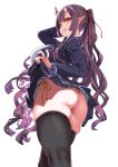  1girl asanagi ass ass_focus black_hair black_jacket black_thighhighs blunt_bangs breasts broken_horn clothes_lift commentary_request cropped_legs demon_girl demon_horns gradient_hair highres horns huge_ass jacket large_breasts long_hair multicolored_hair multicolored_horns oni original panties pointy_ears ponytail purple_hair red_eyes red_ribbon ribbon school_uniform scrunchie sharp_teeth shirt side-tie_panties sidelocks simple_background skirt skirt_lift slit_pupils solo teeth thick_thighs thighhighs thighs thong thong_panties two-tone_hair two-tone_horns underwear upskirt white_background white_shirt wrist_scrunchie yellow_tang 