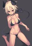  1girl ahoge bangs bikini black_background black_bikini blonde_hair breasts demon_horns demon_tail finger_to_mouth hair_between_eyes hibi_tsuna highres horns looking_at_viewer medium_breasts navel original red_eyes short_hair sitting solo swimsuit tail 