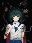  1girl absurdres ant antennae black_cape blue_eyes blue_shorts bug butterfly cape centipede collared_shirt commentary_request dragonfly green_hair highres insect_on_finger looking_at_viewer medium_hair peng_lai_shan_mi_ku praying_mantis puffy_short_sleeves puffy_sleeves red_cape scorpion shirt short_sleeves shorts solo spider touhou two-sided_cape two-sided_fabric white_shirt wriggle_nightbug 