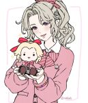  1girl :d artist_name blonde_hair bow bowtie cardigan character_doll commentary_request dissidia_duellum_final_fantasy dissidia_final_fantasy doll final_fantasy final_fantasy_vi hair_bow hair_ornament hairclip highres holding holding_doll long_sleeves looking_at_viewer oablamh official_alternate_costume open_mouth pink_bow pink_cardigan purple_eyes school_uniform smile solo terra_branford terra_branford_(school_cardigan) twitter_username upper_body 