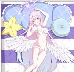  1girl absurdres angel_wings aqua_hair bare_arms bare_shoulders bikini blue_archive blush breasts choker cleavage collarbone commentary crescent feathered_wings feet_out_of_frame frilled_bikini frills gradient_hair halo high_heel_sandals high_heels highres long_hair looking_at_viewer low_wings lying medium_breasts mika_(blue_archive) mika_(swimsuit)_(blue_archive) multicolored_hair navel official_alternate_costume official_alternate_hairstyle on_back one_eye_closed open_mouth pink_hair pink_halo pokeneko_(punpunpun0425) sandals solo stomach swimsuit very_long_hair white_bikini white_choker wing_ornament wings yellow_eyes 