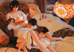  1boy 2girls arm_rest barefoot bed black_hair black_shorts book brother_and_sister closed_eyes closed_mouth copyright_request curtains dress family family_bonding hair_between_eyes half-closed_eyes highres holding holding_book hug indoors long_sleeves lying mother_and_child mother_and_daughter mother_and_son multiple_girls on_back on_side parent_and_child parted_lips pillow reading reading_together ruilibing shirt short_hair shorts siblings sleeping sleepy socks turning_page vest watermark white_dress white_shirt white_socks 