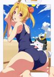 1girl ass bangs barefoot beach blonde_hair blue_sky blue_swimsuit border cloud cloudy_sky commentary crotch_seam day double_bun eyebrows_visible_through_hair flower from_behind hide_yoshino holding holding_flower horizon looking_at_viewer looking_back ocean one-piece_swimsuit open_mouth outdoors outside_border parted_bangs purple_eyes qwel_08 sengoku_otome shadow shiro_(sengoku_otome) short_hair sitting sky solo sun swimsuit twintails wariza white_border 