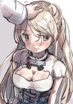  1boy 1girl admiral_(kancolle) aruka bangs blush breasts brown_eyes cleavage closed_mouth conte_di_cavour_(kancolle) dress eyebrows_visible_through_hair headpat highres kantai_collection long_hair looking_to_the_side medium_breasts short_sleeves silver_hair simple_background sketch solo_focus upper_body wavy_mouth white_dress 