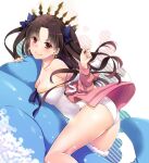  1girl ass bangs black_hair breasts closed_mouth earrings fate/grand_order fate_(series) fur-trimmed_hood fur_trim hair_ribbon highleg highleg_swimsuit hood hoop_earrings inflatable_dolphin inflatable_toy ishtar_(fate)_(all) ishtar_(swimsuit_rider)_(fate) jacket jewelry long_hair long_sleeves looking_at_viewer medium_breasts nakajima_yuka off_shoulder one-piece_swimsuit parted_bangs pink_jacket red_eyes ribbon single_thighhigh smile swimsuit thighhighs thighs tiara two_side_up white_swimsuit 