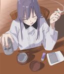  1girl asahi_breweries ashtray blush can chair cigarette closed_eyes commentary_request from_above gujyo_kanade highres holding holding_can holding_cigarette indoors kamiina_botan_yoeru_sugata_wa_yuri_no_hana lighter long_hair open_mouth purple_hair shirt sitting smile smoke solo ugr_i3 white_shirt 