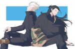  2boys black_hair black_jacket black_pants closed_mouth figure_four_sitting from_side geto_suguru gojo_satoru highres invisible_chair jacket jujutsu_kaisen jujutsu_tech_uniform long_hair maaa0_jj male_focus multiple_boys pants plug_(piercing) short_hair sitting white_hair 
