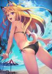  1girl animal_ear_fluff animal_ears ass bangs beach bikini black_bikini blonde_hair blue_eyes blue_sky breasts day dutch_angle halterneck hibi_tsuna highres long_hair looking_at_viewer looking_back open_mouth original outdoors side-tie_bikini sky small_breasts solo string_bikini swimsuit tail water 