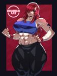  1girl abs absurdres artist_name breasts brown_eyes commentary curvy drakkaiart erza_scarlet fairy_tail hair_over_one_eye highres large_breasts long_hair muscular muscular_female open_mouth red_hair red_nails solo sports_bra tattoo thick_thighs thighs 