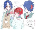  1boy 1girl :p amate_yuzuriha aqua_eyes arrow_(symbol) blue_hair blush collared_shirt colored_inner_hair commentary_request glasses gundam gundam_gquuuuuux hair_ornament limeindatrap long_sleeves looking_at_viewer matching_accessory multicolored_hair name_tag necktie open_mouth purple_hair red_hair school_uniform scrunchie shirt short_hair shuji_ito sweater tongue tongue_out two-tone_hair upper_body wrist_scrunchie 