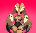 1girl absurdres animal_ear_fluff animal_ears breasts claws cleavage commentary_request covered_navel drunkoak english_commentary fake_wings fangs furry furry_female gen_4_pokemon gradient gradient_background highres horror_(theme) korean_commentary large_breasts leotard looking_at_viewer lopunny mixed-language_commentary mole mole_on_breast pokemon pokemon_(creature) rabbit_ears red_background red_eyes simple_background solo standing tattoo wings 
