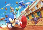  2boys 2others aero-chaser aircraft blue_sky blurry blurry_background classic_sonic clenched_hand clock clock_tower cloud commentary_request confetti day dual_persona dutch_angle egg_fighter emphasis_lines flower_bed furry furry_male ganbariiiyo gloves grinding hedgehog_boy highres hot_air_balloon humanoid_robot looking_at_another male_focus motion_blur multiple_boys multiple_others on_rooftop open_window_shutter outdoors red_shoes robot rooftop running shoes sky smile sonic_(series) sonic_generations sonic_the_hedgehog spire tile_roof tower white_gloves window window_shutter 