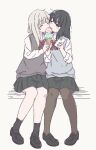  2girls absurdres black_hair black_shoes black_skirt black_socks blonde_hair blue_sweater_vest blush bow bowtie brown_pantyhose cellphone cheek-to-cheek closed_eyes commentary_request couple eating food full_body grey_sweater_vest heads_together highres holding holding_ice_cream_cone holding_phone ice_cream ice_cream_cone loafers long_hair long_sleeves miyao385 multiple_girls on_bench open_mouth original pantyhose phone pleated_skirt red_bow red_bowtie school_uniform shared_food shirt shoes simple_background sitting skirt smartphone socks straight_hair sweater_vest white_background white_shirt yuri 