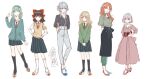  6+girls alternate_costume arms_behind_back black_legwear blonde_hair blue_eyes brown_hair closed_eyes contemporary green_eyes green_hair grey_hair hakurei_reimu hand_on_hip hands_on_hips hong_meiling izayoi_sakuya kirisame_marisa kneehighs kochiya_sanae long_hair medium_hair miniskirt multiple_girls one_eye_closed orange_hair pants pink_footwear pleated_skirt red_eyes red_footwear red_neckwear remilia_scarlet shirt short_hair silver_hair skirt smile socks souta_(karasu_no_ouchi) standing standing_on_one_leg sweater touhou v_arms white_background white_legwear white_shirt yellow_eyes 