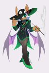  1girl bat_girl bat_wings breasts cigarette_holder commentary cosplay english_commentary furry furry_female green_lips green_nails green_shoes grey_background hat high_heels highres homestuck indigonite jewelry necklace pantyhose ring rouge_the_bat shoes simple_background snowman_(homestuck) snowman_(homestuck)_(cosplay) solo sonic_(series) wings 