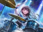  1girl bang_dream! bang_dream!_it's_mygo!!!!! black_choker black_shorts blue_shirt brown_hair choker concert drum drum_set drumsticks earrings floating_hair game_asset holding holding_drumsticks indoors instrument jewelry long_hair looking_at_viewer mole mole_under_eye necklace official_alternate_costume official_art open_mouth playing_drums playing_instrument purple_eyes see-through_clothes see-through_sleeves shiina_taki shirt shorts single_fishnet_legwear sitting solo stage stage_lights third-party_source 