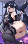  1girl absurdres ahoge arm_support ass asymmetrical_horns black_bridal_gauntlets black_nails black_thighhighs body_markings breasts bridal_gauntlets cetacean_tail chest_markings demon_horns dolphin_necklace facial_mark fins fish_tail heart heart_ahoge highres horns indie_virtual_youtuber large_breasts long_hair looking_at_viewer lying mismatched_horns multicolored_hair on_side orca_girl purple_eyes see-through_cleavage see-through_clothes shylily shylily_(succubus) solo streaked_hair string_rafart tail thighhighs virtual_youtuber white_hair 