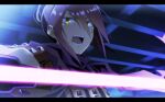  1boy commentary_request cross_scar hair_between_eyes indoors letterboxed long_hair male_focus mizuchaya_youkan official_alternate_color open_mouth ponytail portrait purple_hair purple_scarf scar scar_on_cheek scar_on_face scarf sekaiju_no_meikyuu sekaiju_to_fushigi_no_dungeon shinobi_(sekaiju) shinobi_1_(sekaiju) slashing solo teeth yellow_eyes 