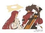  1boy 1girl :d ^_^ asaya_minoru bangs bodysuit brown_hair closed_eyes crack english_text eyebrows_visible_through_hair from_behind guilty_gear guilty_gear_xrd hair_between_eyes halo husband_and_wife jack-o&#039;_valentine jacket long_hair open_mouth ponytail profile red_hair red_jacket simple_background smile sol_badguy sword sword_behind_back twitter_username very_long_hair weapon weapon_on_back white_background white_bodysuit 