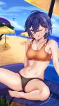  1girl barefoot beach beach_towel beach_umbrella belle_(summer_skies)_(zenless_zone_zero) belle_(zenless_zone_zero) bikini black_panties commentary_request day feet highres hollow_(zenless_zone_zero) looking_at_viewer navel ocean one_eye_closed orange_bikini panties people sand short_hair sitting sky solo swimsuit toenails toes tongue tongue_out towel umbrella underwear xcmd_ki zenless_zone_zero 