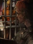  2boys beard beard_(hotline_miami) bible_(object) blonde_hair blue_eyes collared_shirt facial_hair g_78hp glasses green_shirt highres hotline_miami iron_bars jacket_(hotline_miami) jumpsuit looking_at_another male_focus mature_male medium_hair messy_hair multiple_boys orange_jumpsuit prison_cell prison_clothes prisoner red_hair shirt upper_body 