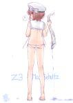  1girl anger_vein ass bikini brown_eyes character_name commentary_request from_behind full_body hat holding_tentacle kantai_collection koshigaya_tatsumi looking_back lowleg lowleg_bikini sailor_bikini sailor_collar sailor_hat short_hair side-tie_bikini_bottom simple_background solo spoken_anger_vein swimsuit white_background white_bikini white_hat white_sailor_collar z3_max_schultz_(kancolle) z3_max_schultz_(swimsuit)_(kancolle) 