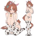  1girl absurdres alternate_costume animal_ears animal_print bell belly between_legs bikini breasts brown_hair checkered_ribbon collar commentary cow_print cow_print_bikini cow_print_thighhighs cowbell dantsu_flame_(umamusume) ear_covers full_body hand_between_own_legs hand_on_own_chest headband heart highres horse_ears horse_girl horse_tail kneeling large_breasts multicolored_hair navel ponytail print_bikini print_thighhighs puchimosu_(mosu1427) sideboob simple_background string_bikini swimsuit tail thighhighs two-tone_hair umamusume underboob white_background 