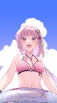  1girl :d bare_arms bare_shoulders bikini blue_sky breasts cloud facing_viewer fuji_fujino hair_ornament highres jewelry magia_record:_mahou_shoujo_madoka_magica_gaiden mahou_shoujo_madoka_magica navel necklace open_mouth pink_bikini pink_eyes pink_hair sky small_breasts smile solo swimsuit tamaki_iroha upper_body 
