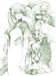  .live 1boy 2girls adjusting_clothes adjusting_headwear bracelet breasts cleavage commentary_request cosplay dress fake_horns glasses green_theme hatching_(texture) highres horned_headwear horns ico ico_(character) jewelry kagura_suzu_(.live) large_breasts linear_hatching medium_dress monochrome multiple_girls opaque_glasses side_ponytail sitting sparkle tabard the_queen_(ico) virtual_youtuber yokozuwari yorda yorda_(cosplay) yug_(ekaki) 
