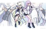  !? 2girls atsuko_(blue_archive) black_boots black_gloves black_skirt blonde_hair blue_archive blue_eyes boots bulletproof_vest commentary_request from_side gloves grin hood hooded_jacket jacket long_hair maia_(blue_archive) multiple_girls open_mouth pointing_at_mouth purple_hair red_eyes sanmon_illus skirt smile socks thigh_strap white_jacket white_socks wide_shot 