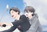  2boys absurdres blue_sky closed_eyes cloud cloudy_sky collared_shirt dokudami_(imouto_tasha_paranoia) furrowed_brow game_asset grey_hoodie hair_between_eyes hasuya_(imouto_tasha_paranoia) highres hood hood_down hoodie imouto_tasha_paranoia layered_sleeves looking_ahead male_focus motor_vehicle motorcycle multiple_boys necktie non-web_source official_art ohisashiburi on_motorcycle open_mouth outdoors self-datamine shirt sky spoilers visual_novel_cg 