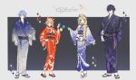  2boys 2girls absurdres blonde_hair blue_eyes braid commentary_request earrings full_body genshin_impact hand_on_own_hip hand_up highres hoyofair japanese_clothes jewelry kamisato_ayato kimono long_hair long_sleeves looking_at_viewer multiple_boys multiple_girls nicole_(genshin_impact) obi open_mouth parted_lips sandals sash short_hair smile tomanattsu valeriy_(genshin_impact) very_long_hair wide_sleeves yellow_eyes yoimiya_(genshin_impact) zouri 