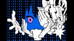  1girl anti-meme_(utau) arrow_hair_ornament avogado6 blue_background bow candy commentary_request covering_one_eye disembodied_hand extra_hands food gear_hair_ornament gloves hair_bow hair_ornament hand_on_own_chin hand_over_eye hands_on_own_cheeks hands_on_own_face highres looking_at_viewer no_symbol pillarboxed purple_eyes reaching reaching_towards_viewer shikigami solo text_background thumbs_down tsukumo_shion utau wrapped_candy 