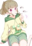  1girl absurdres barefoot bob_cut brown_hair casual commentary_request dinosaur_print eating food green_shorts highres hood inverted_bob kachimachi_kosuzu kachimachi_kosuzu_(summer_loungewear) long_sleeves love_live! love_live!_hasu_no_sora_jogakuin_school_idol_club momiji_(moj_0404) official_alternate_costume pocky ponytail purple_eyes short_hair shorts simple_background solo 