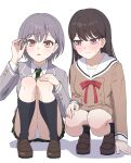  2girls bang_dream! bang_dream!_it's_mygo!!!!! black_socks blazer blush brown_dress brown_hair brown_shoes commentary_request dress frown green_necktie green_skirt grey_hair grey_jacket hanasakigawa_school_uniform haneoka_school_uniform highres holding holding_rope jacket long_hair long_sleeves miniskirt mole mole_under_eye multiple_girls neck_ribbon necktie panties pantyshot pebble purple_eyes red_eyes red_ribbon ribbon rope sailor_collar sailor_dress school_uniform shiina_taki shoes short_hair side-by-side simple_background skirt socks squatting sweatdrop takamatsu_tomori tatama underwear v-shaped_eyebrows white_background white_panties white_sailor_collar 