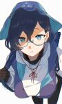  1girl black_gloves black_pantyhose blue-framed_eyewear blue_archive blue_eyes blue_hair blue_hat blue_jacket breasts bucket_hat chihiro_(blue_archive) chihiro_(camp)_(blue_archive) closed_mouth commentary_request glasses gloves hat highres holding_strap hood hood_down hoodie jacket koppepan_agp large_breasts leaning_forward looking_at_viewer missing_halo pantyhose semi-rimless_eyewear short_hair simple_background smile solo under-rim_eyewear white_background white_hoodie 