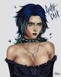  1girl absurdres ankh ankh_earrings ankh_necklace arcane:_league_of_legends arcane_caitlyn bare_shoulders black_choker black_eyeshadow blue_corset blue_eyes blue_hair breasts caitlyn_(league) choker cleavage commentary corset cross cross_necklace ear_piercing earrings english_commentary english_text eyebrow_piercing eyeshadow face_piercing green_hair green_streaks heart helix_piercing highres jewelry league_of_legends lipstick makeup medium_hair multicolored_hair multiple_earrings multiple_necklaces multiple_piercings necklace nikola_(nikkotari) nose_piercing nostril_piercing off_shoulder piercing ring_piercing runny_makeup shoulder_tattoo solo spiked_choker spikes streaked_hair tattoo two-tone_hair upper_body 