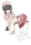  1girl astrae_oratio black_gloves black_hair blunt_bangs bone_hair_ornament brown_eyes closed_mouth collared_dress commentary_request dress ear_piercing fingerless_gloves full_body gloves haibara_nono hair_ornament hat highres knees_up korean_commentary loose_socks mangpum_(taro109210) nurse nurse_cap partial_commentary piercing pink_dress short_sleeves simple_background sitting socks solo sweatdrop white_background white_socks 