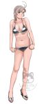  1girl absurdres antenna_hair bikini braid breasts cleavage full_body green_eyes grey_hair hair_over_shoulder highres kantai_collection kinugasa_(kancolle) kinugasa_kai_ni_(kancolle) long_hair looking_at_viewer lowleg lowleg_bikini medium_breasts ojipon open-toe_shoes shoes silver_bikini silver_shoes simple_background single_braid solo standing swimsuit watermark white_background 