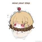  1girl :< antennae black_skirt black_socks blonde_hair blunt_bangs borrowed_design cardigan chibi chibi_only commentary dripping_eye english_commentary eyes_visible_through_hair flying_sweatdrops hair_ornament hairclip highres humanization long_hair motion_lines multiple_hairclips necktie partially_underground_shot personification plants_vs._zombies potato_mine_(plants_vs._zombies) red_eyes red_necktie rinrihime school_uniform shirt sidelocks simple_background skirt socks solo tearing_up through_ground trembling twitter_username white_background white_shirt 