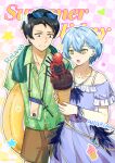  1boy 1girl absurdres alternate_costume angela_(project_moon) black_eyes black_hair blue_dress blue_hair braid brown_shorts character_name collarbone collared_shirt cowboy_shot dress english_text eyewear_on_head food green_shirt hamhampangpang hawaiian_shirt highres holding holding_food holding_ice_cream holding_ice_cream_cone holding_swim_ring ice_cream ice_cream_cone innertube jewelry library_of_ruina necklace open_mouth parted_lips phone project_moon roland_(project_moon) shirt short_hair short_sleeves shorts star_(symbol) sunglasses swim_ring yellow_eyes zxhaneki 