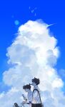  2boys bag bicycle black_bag black_hair blue_sky closed_eyes cloud collared_shirt commentary_request cumulonimbus_cloud dappled_sunlight day food food_in_mouth from_side highres holding holding_food holding_popsicle kidkuroba4869 korean_commentary kudou_shin'ichi kuroba_kaito magic_kaito male_focus meitantei_conan melting mixed-language_commentary multiple_boys outdoors popsicle popsicle_in_mouth shirt short_hair short_sleeves sky sunlight white_shirt wide_shot 